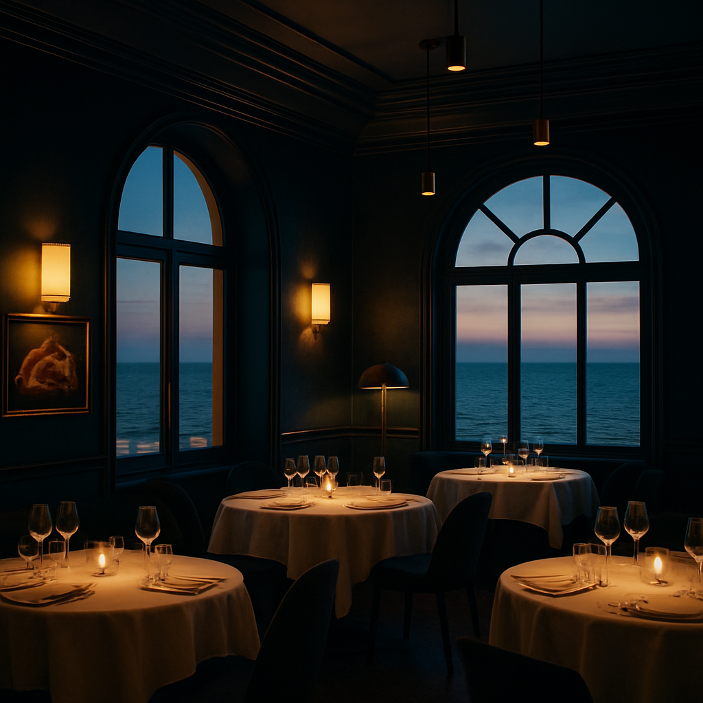 The elegant navy and gold dining room of Via Maris Haifa overlooking the sea