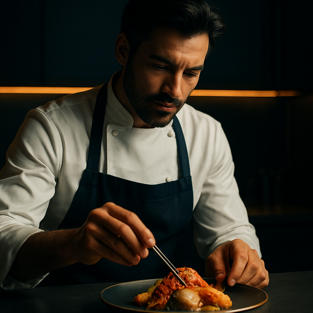 Executive chef Daniel Mizrahi plating a dish at Via Maris Haifa