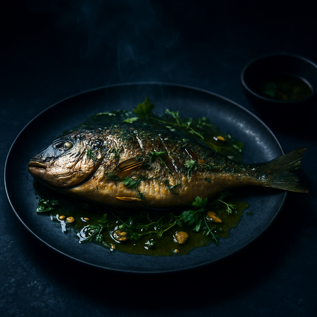 Cinematic Mediterranean seafood dish at Via Maris Haifa