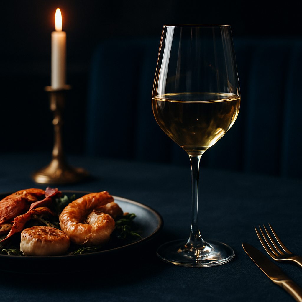 Glass of white wine beside seafood